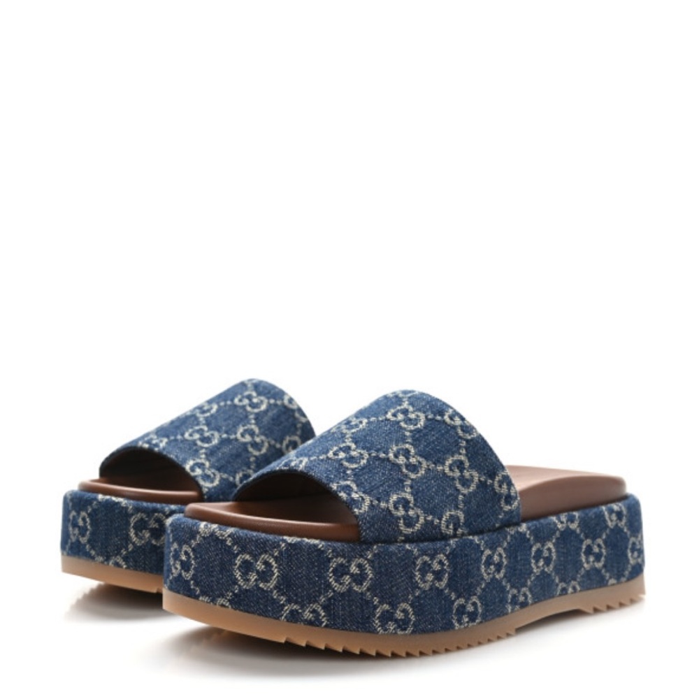 Gucci Denim GG Monogram Angelina Blue Tea Platform Slide Sandals